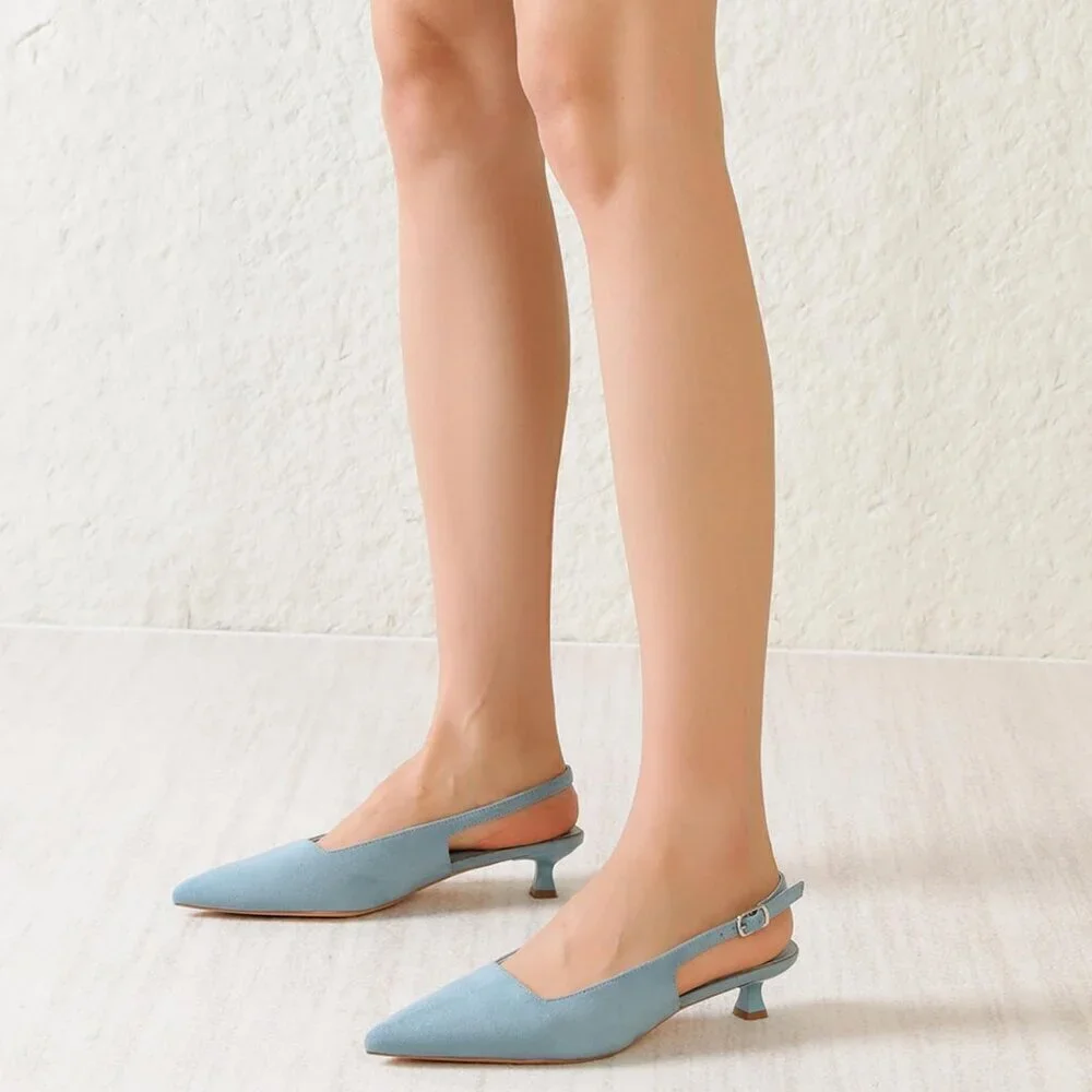 Women's Light Blue Pointed Closed Toe Slingback Kitten Heels Pumps Party Shoes
